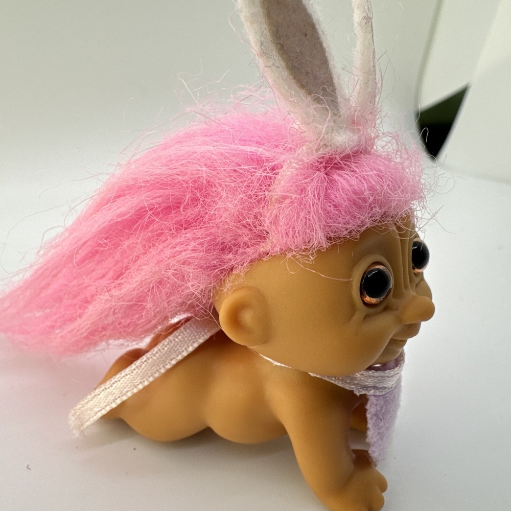 Vintage Easter Troll Doll Crawling Baby, Pink Hair, Purple Bib Bunny Ears - Picture 2 of 6